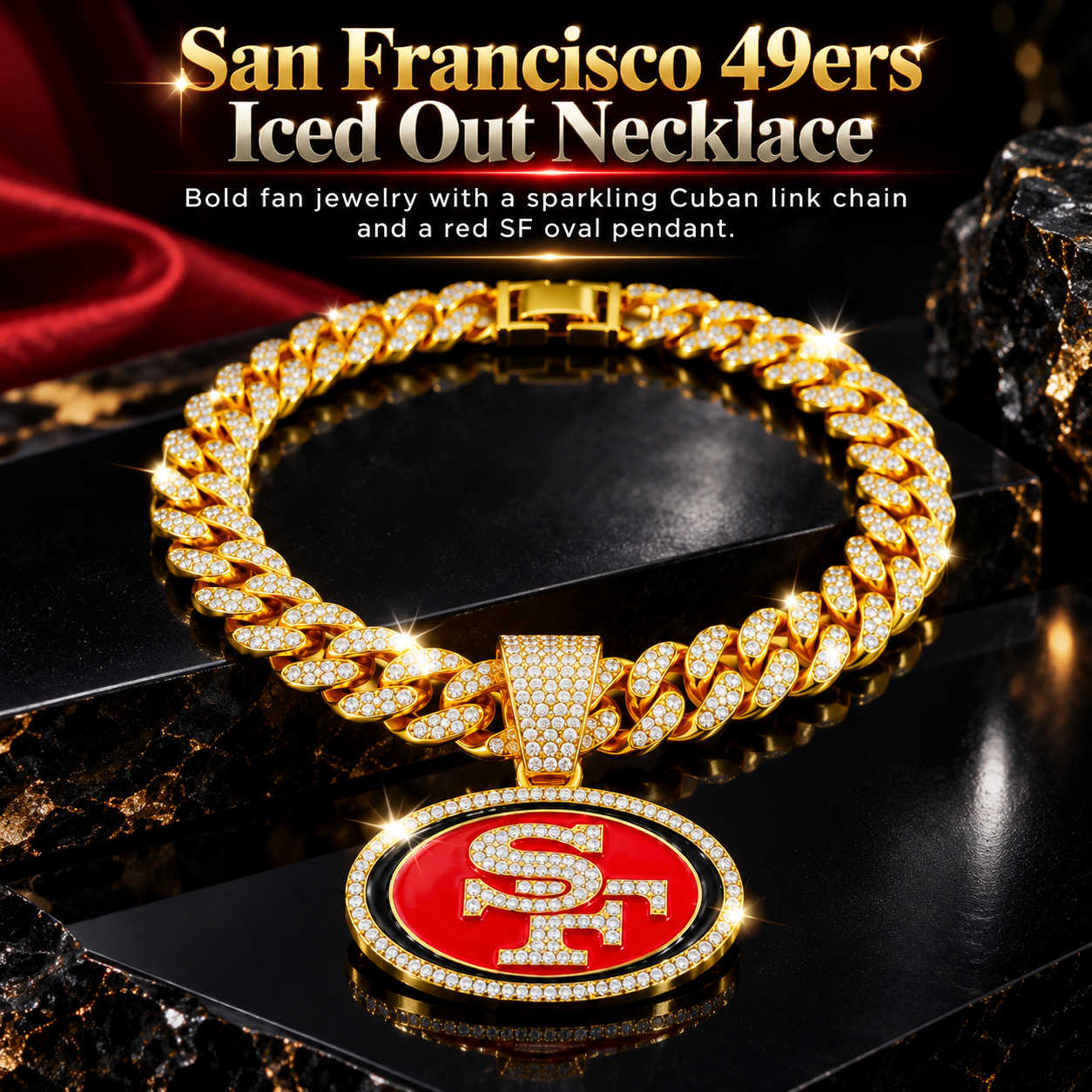 San Francisco 49ers Necklace, Gold Iced Cuban Link Chain with Rhinestone SF Pendant, Football Fan Jewelry