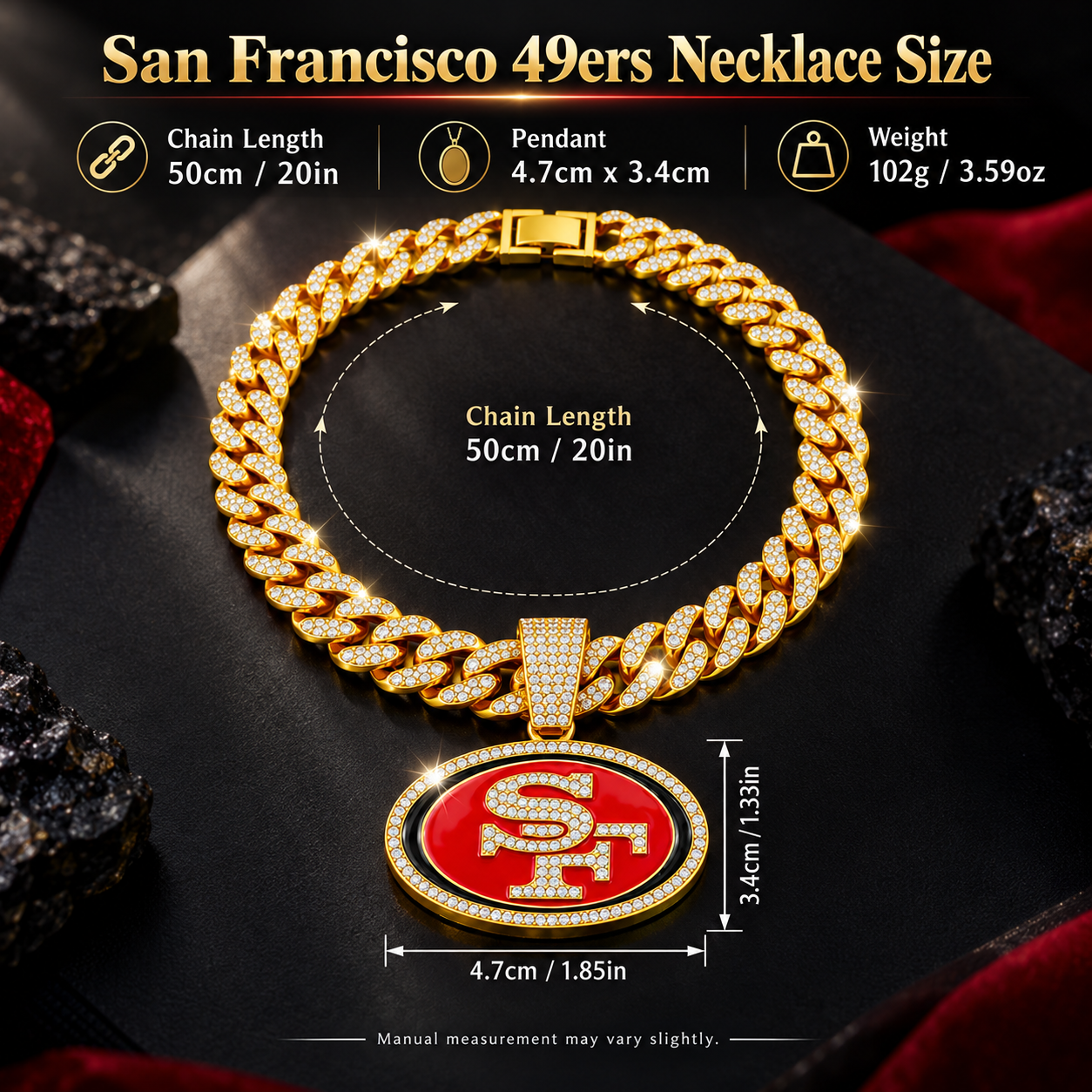 San Francisco 49ers Necklace, Gold Iced Cuban Link Chain with Rhinestone SF Pendant, Football Fan Jewelry