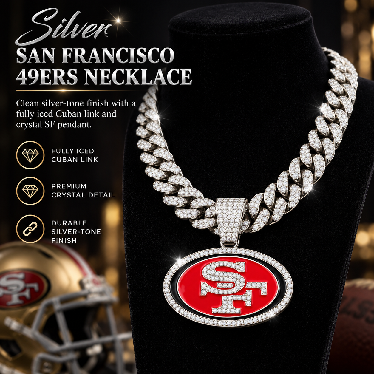 San Francisco 49ers Necklace, Gold Iced Cuban Link Chain with Rhinestone SF Pendant, Football Fan Jewelry
