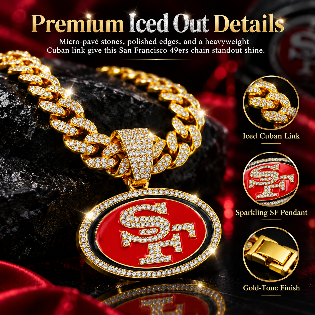 San Francisco 49ers Necklace, Gold Iced Cuban Link Chain with Rhinestone SF Pendant, Football Fan Jewelry