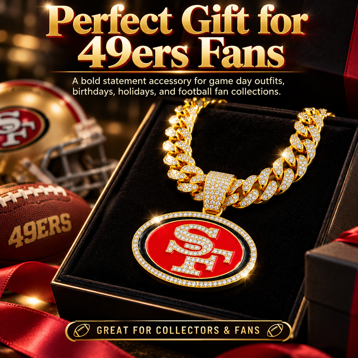 San Francisco 49ers Necklace, Gold Iced Cuban Link Chain with Rhinestone SF Pendant, Football Fan Jewelry