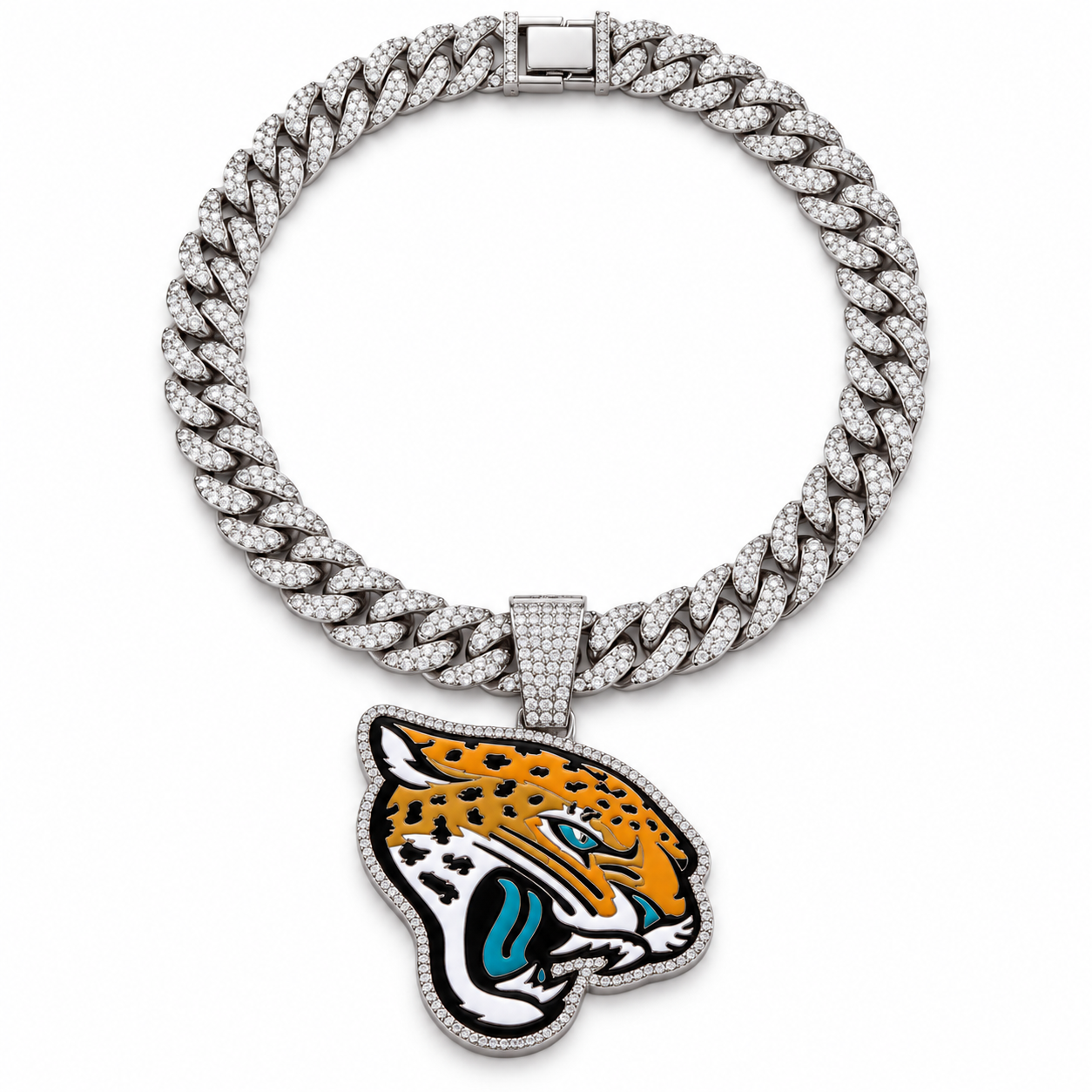 Jacksonville Jaguars Necklace, Gold Iced Cuban Link Chain with Rhinestone Jaguar Head Pendant, Football Fan Jewelry