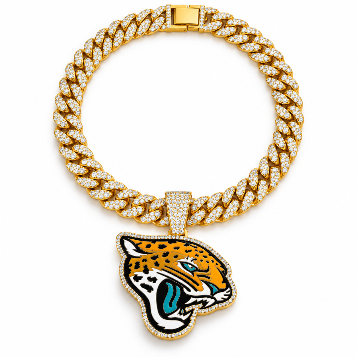 Jacksonville Jaguars Necklace, Gold Iced Cuban Link Chain with Rhinestone Jaguar Head Pendant, Football Fan Jewelry