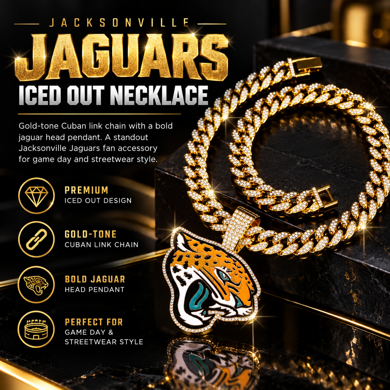 Jacksonville Jaguars Necklace, Gold Iced Cuban Link Chain with Rhinestone Jaguar Head Pendant, Football Fan Jewelry