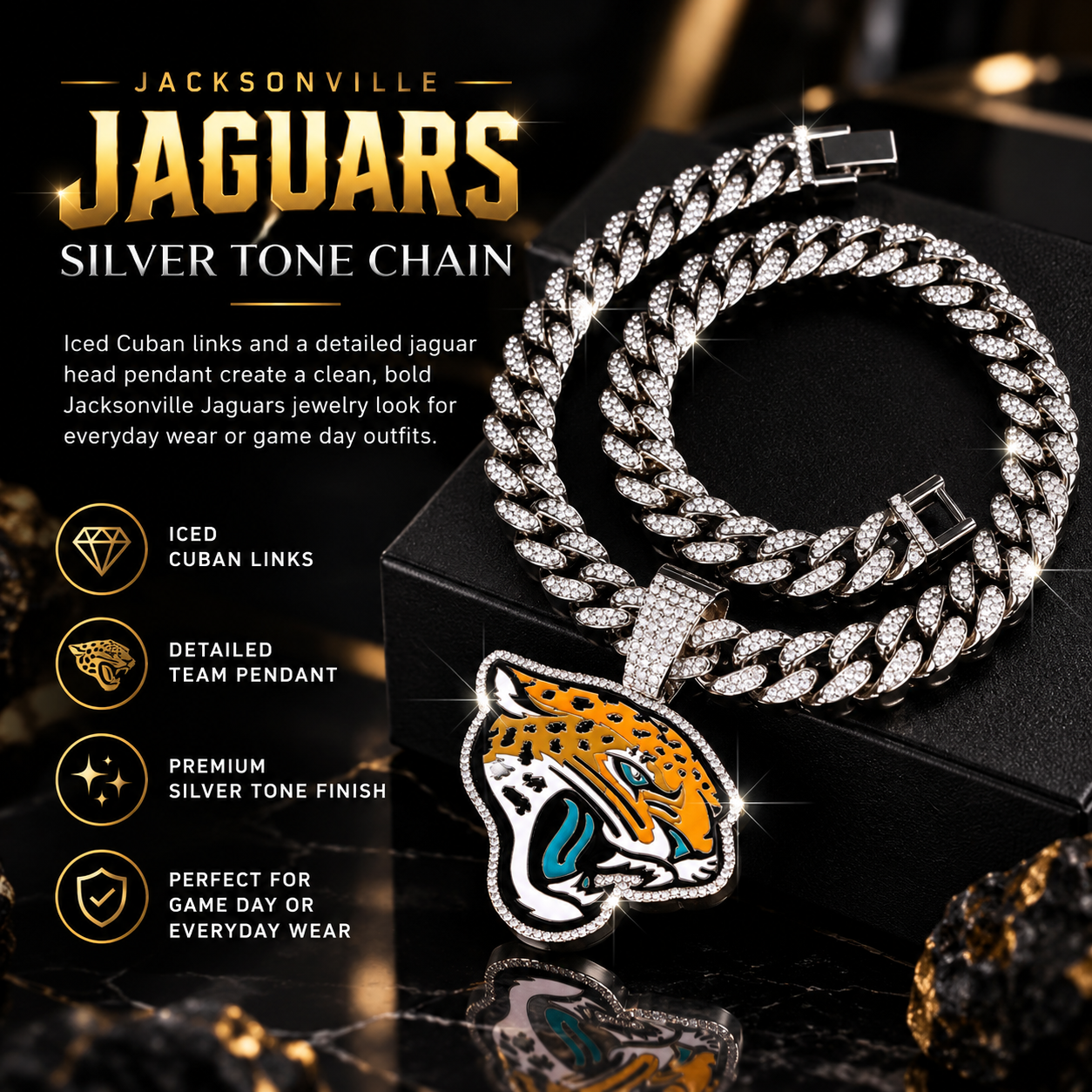Jacksonville Jaguars Necklace, Gold Iced Cuban Link Chain with Rhinestone Jaguar Head Pendant, Football Fan Jewelry
