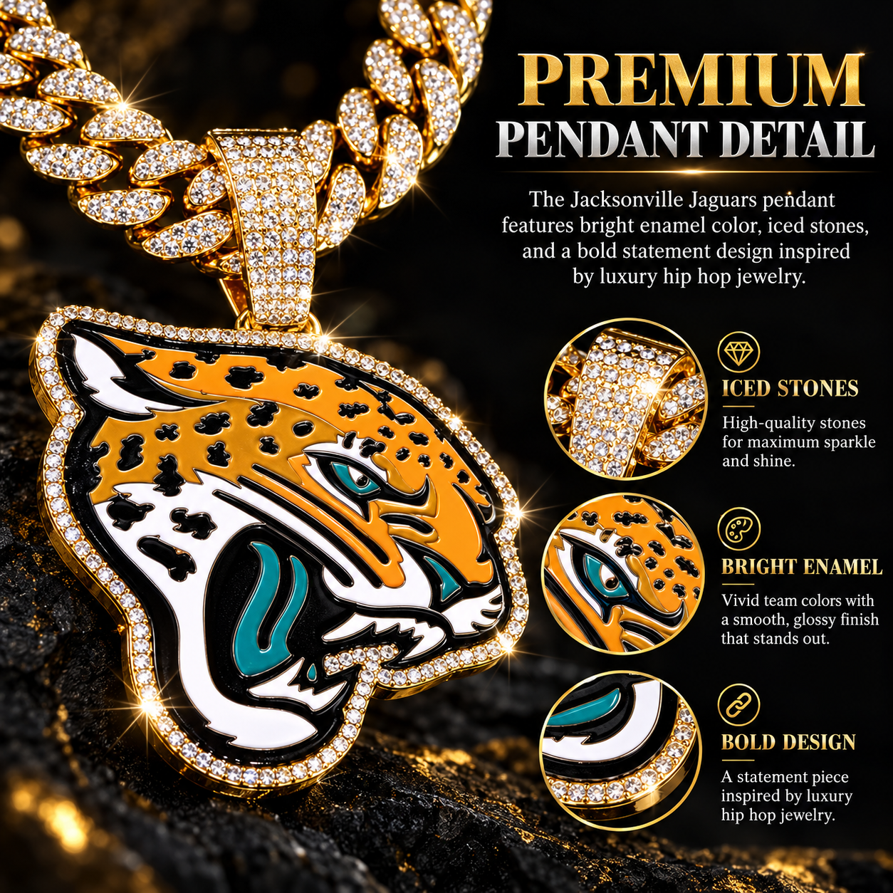 Jacksonville Jaguars Necklace, Gold Iced Cuban Link Chain with Rhinestone Jaguar Head Pendant, Football Fan Jewelry