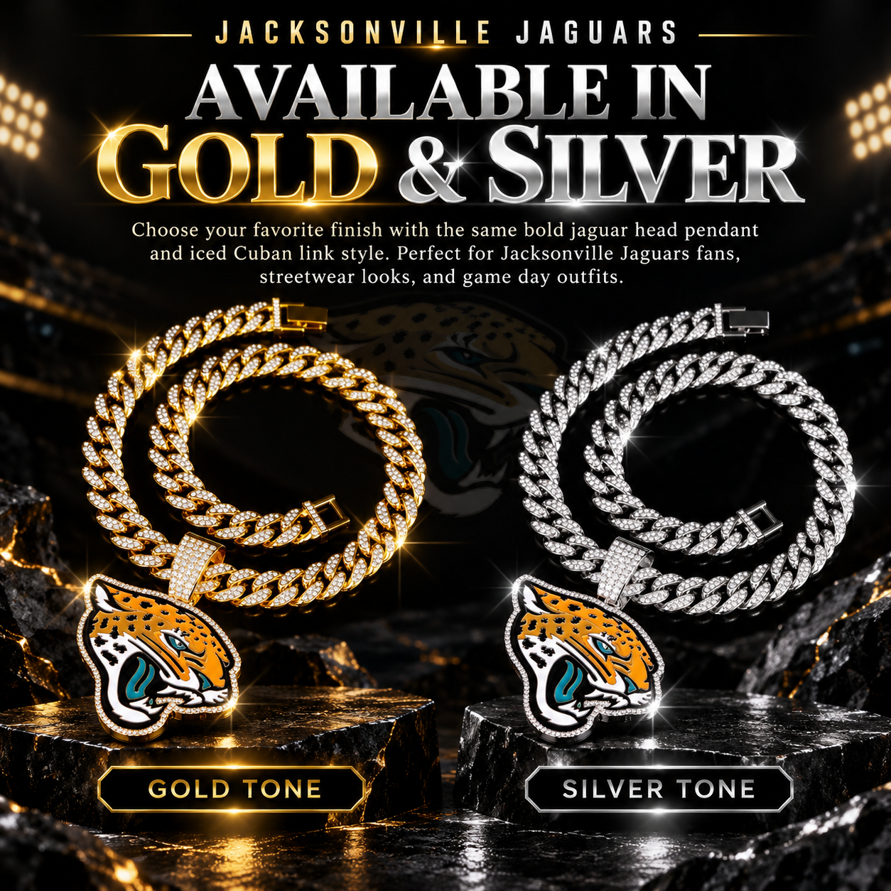 Jacksonville Jaguars Necklace, Gold Iced Cuban Link Chain with Rhinestone Jaguar Head Pendant, Football Fan Jewelry