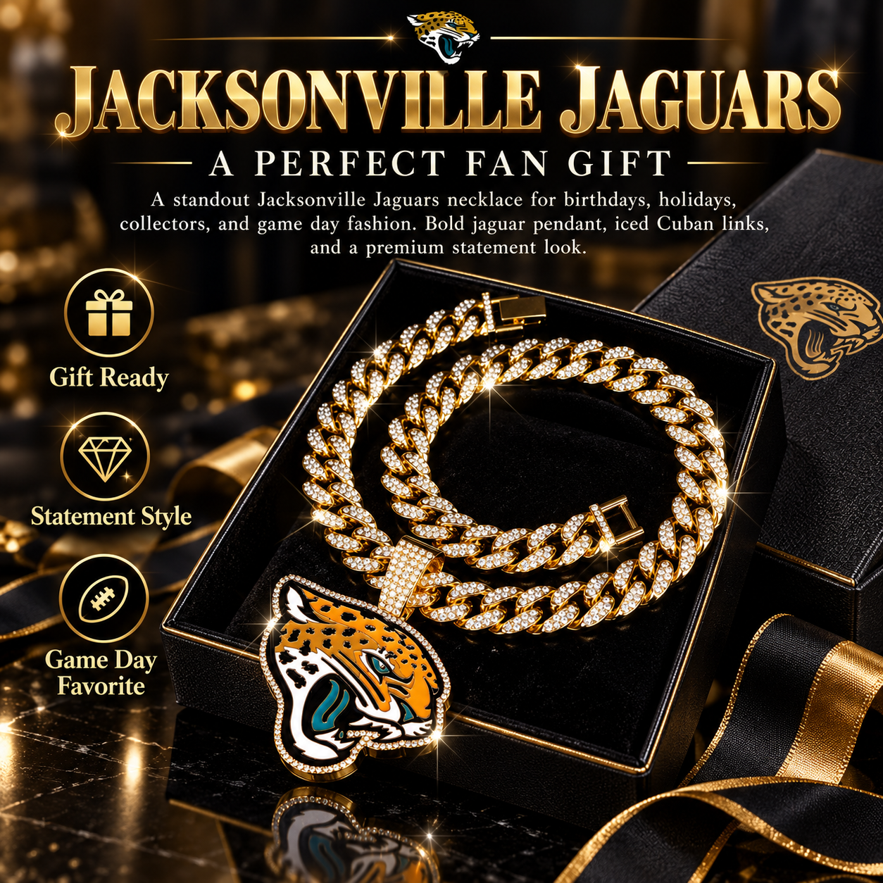 Jacksonville Jaguars Necklace, Gold Iced Cuban Link Chain with Rhinestone Jaguar Head Pendant, Football Fan Jewelry