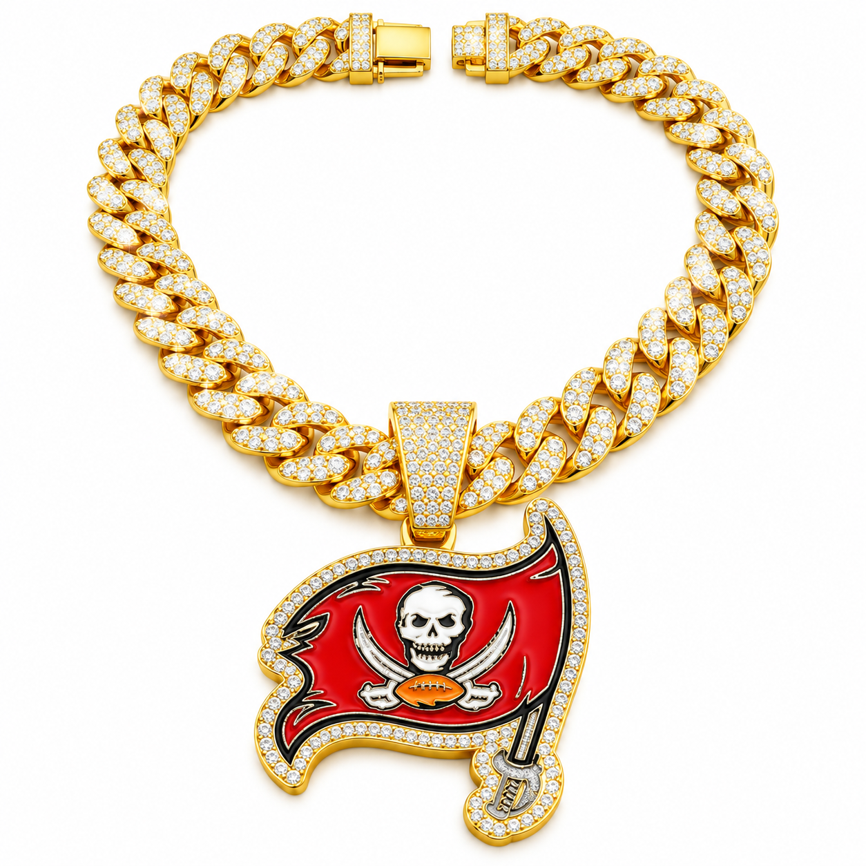 Tampa Bay Buccaneers Necklace, Gold Iced Cuban Link Chain with Rhinestone Pirate Flag Pendant, Football Fan Jewelry