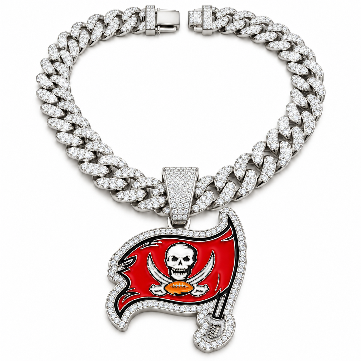 Tampa Bay Buccaneers Necklace, Gold Iced Cuban Link Chain with Rhinestone Pirate Flag Pendant, Football Fan Jewelry