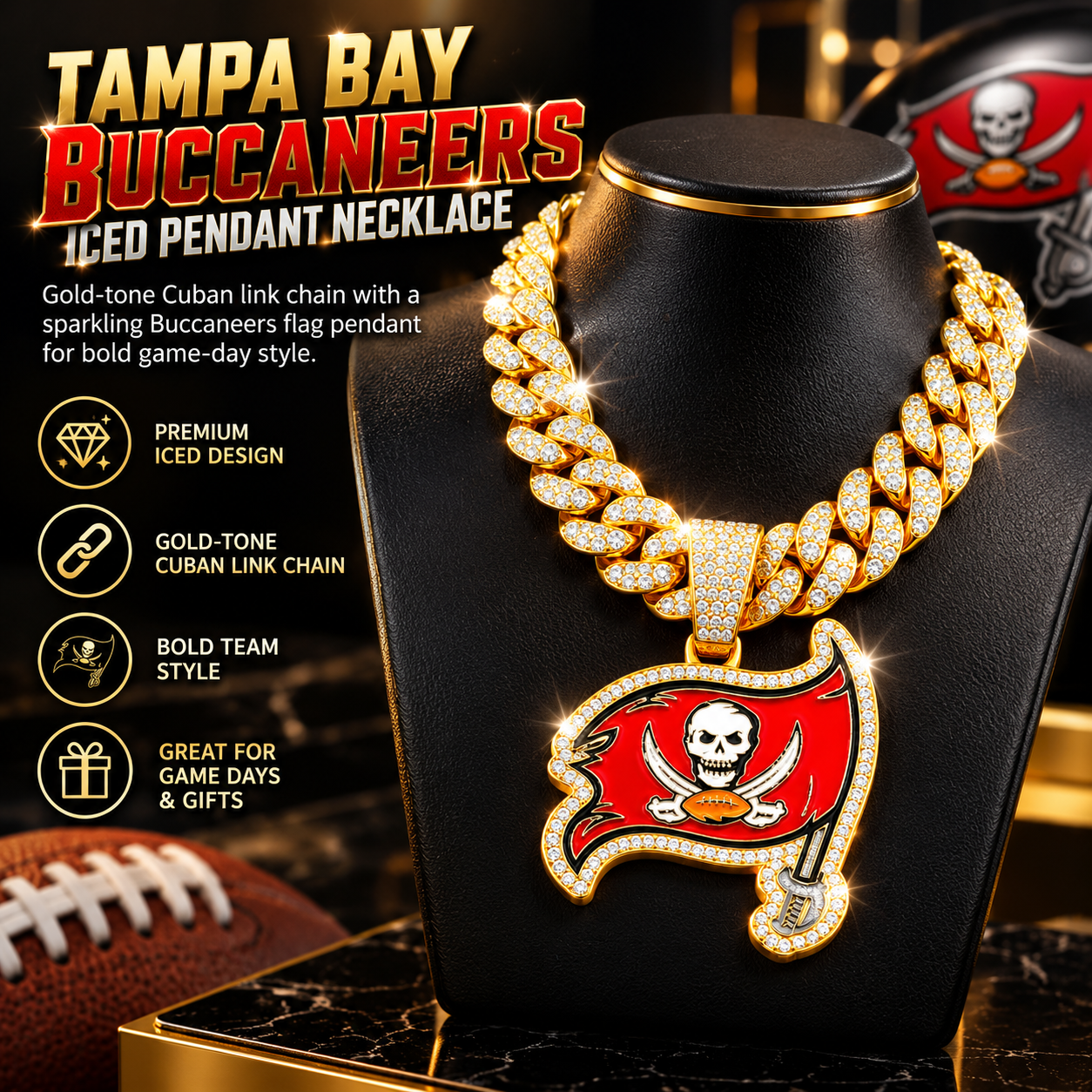 Tampa Bay Buccaneers Necklace, Gold Iced Cuban Link Chain with Rhinestone Pirate Flag Pendant, Football Fan Jewelry