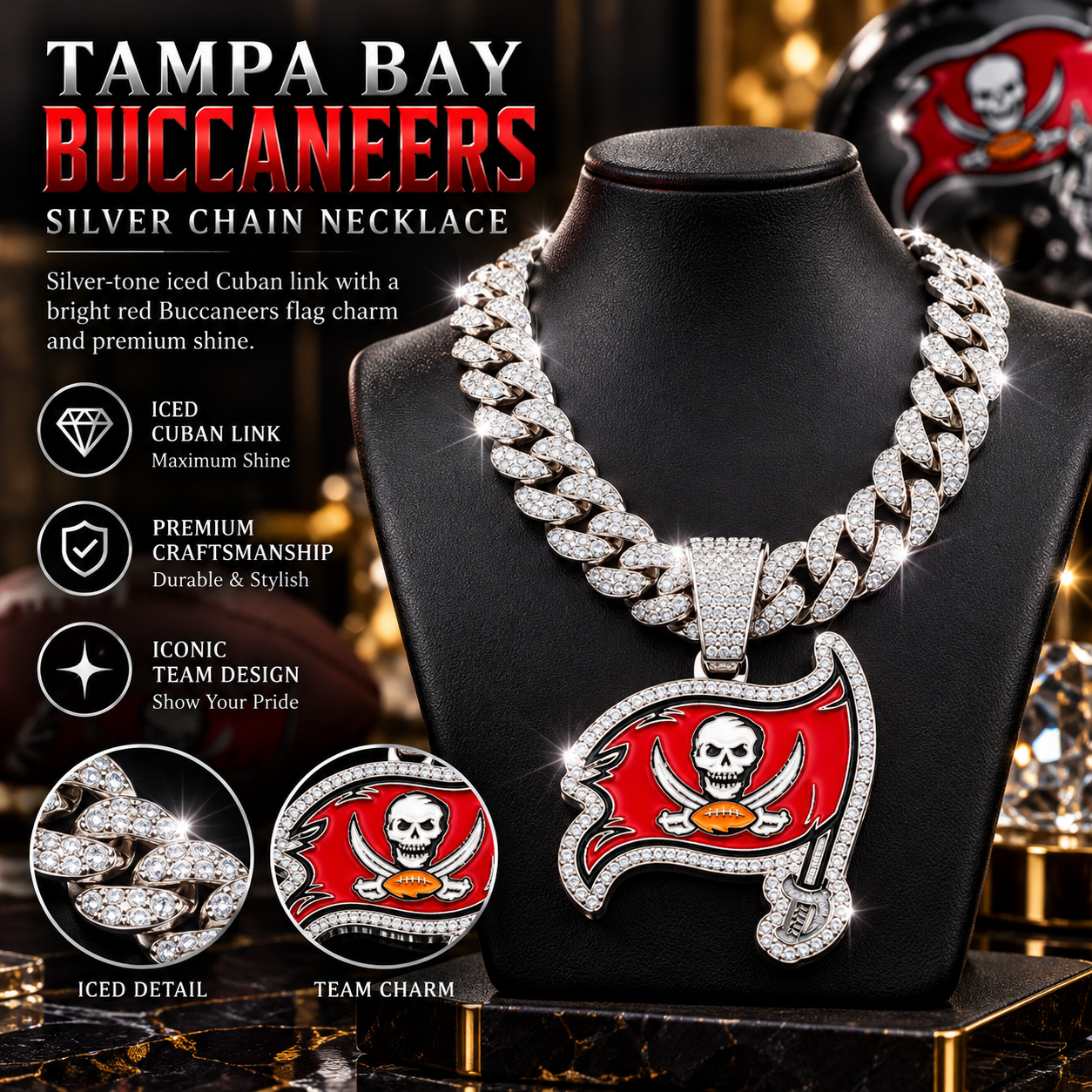 Tampa Bay Buccaneers Necklace, Gold Iced Cuban Link Chain with Rhinestone Pirate Flag Pendant, Football Fan Jewelry