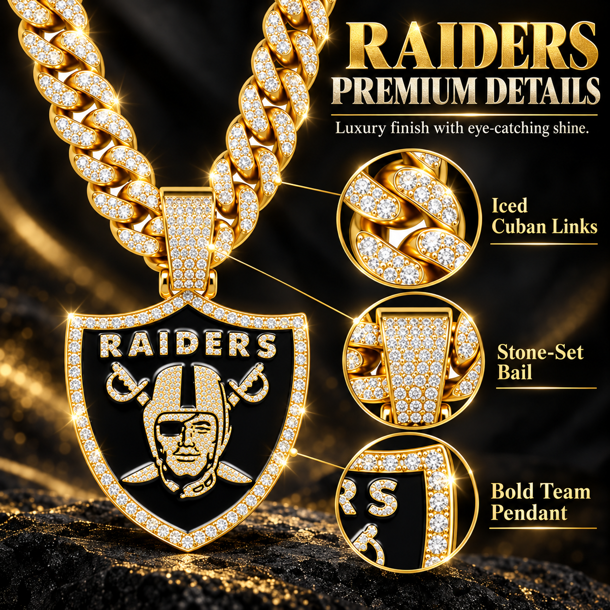 Las Vegas Raiders Necklace – Gold Cuban Link Chain Pendant for Football Fans | Raiders Fan Jewelry
