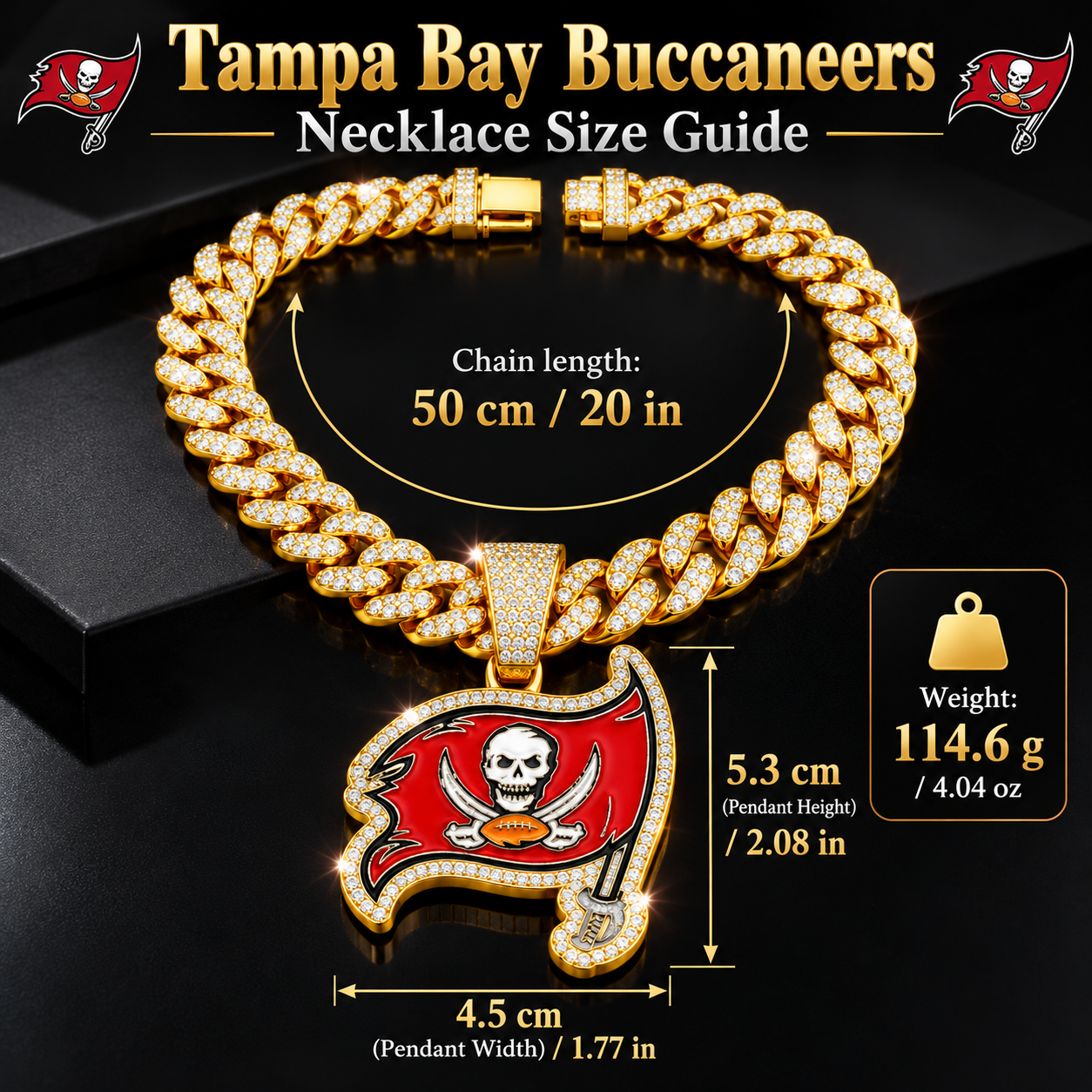 Tampa Bay Buccaneers Necklace, Gold Iced Cuban Link Chain with Rhinestone Pirate Flag Pendant, Football Fan Jewelry