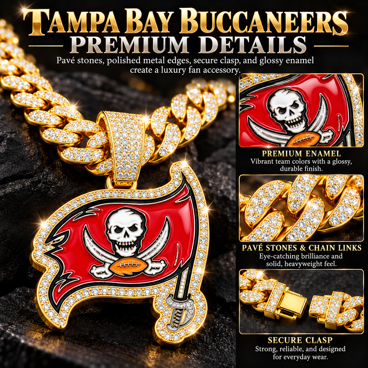 Tampa Bay Buccaneers Necklace, Gold Iced Cuban Link Chain with Rhinestone Pirate Flag Pendant, Football Fan Jewelry