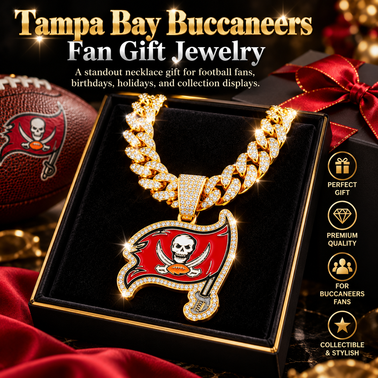 Tampa Bay Buccaneers Necklace, Gold Iced Cuban Link Chain with Rhinestone Pirate Flag Pendant, Football Fan Jewelry