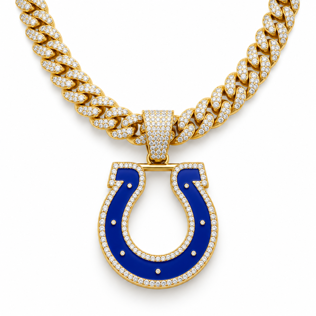 Indianapolis Colts Necklace, Gold Iced Cuban Link Chain with Rhinestone Horseshoe Pendant, Football Fan Jewelry