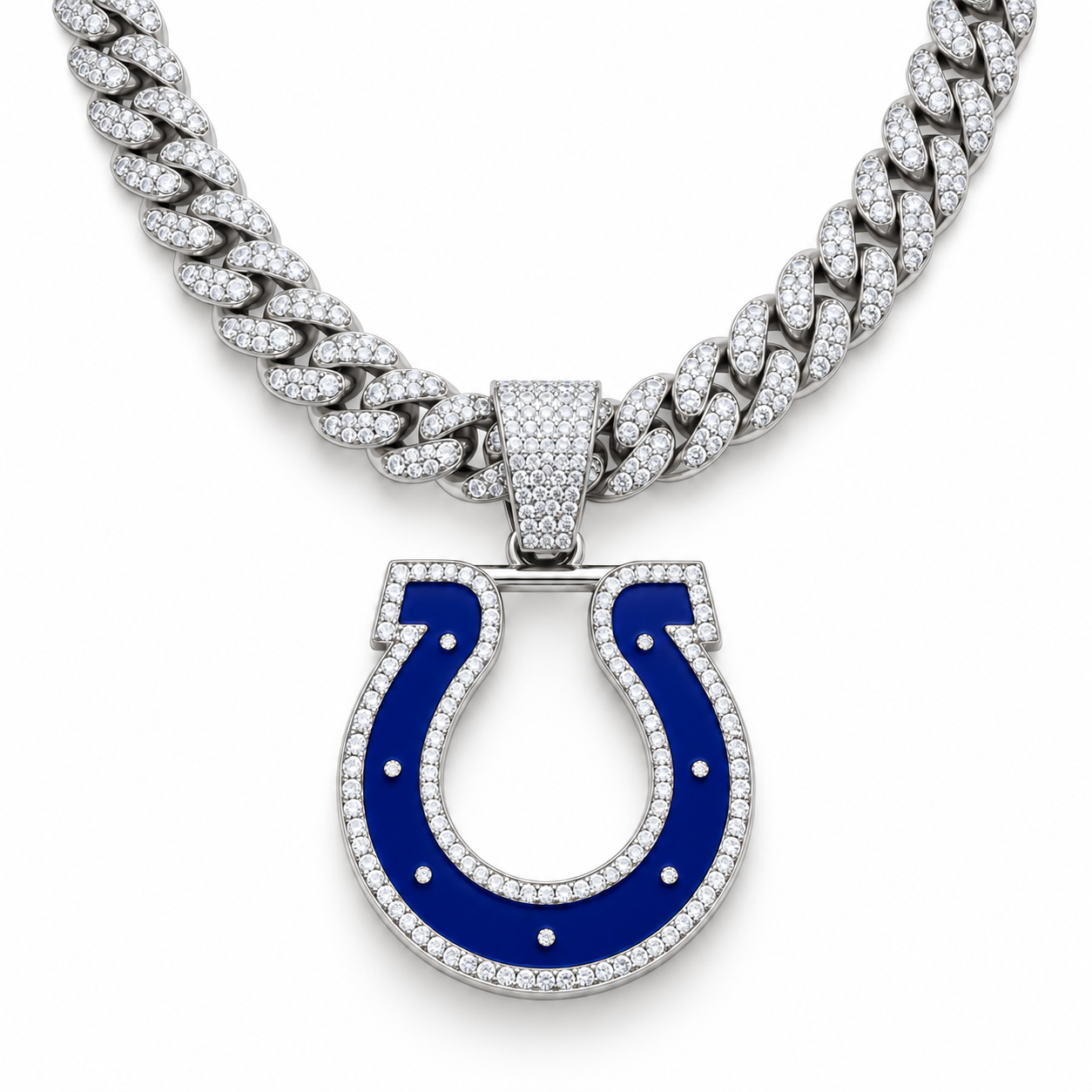 Indianapolis Colts Necklace, Gold Iced Cuban Link Chain with Rhinestone Horseshoe Pendant, Football Fan Jewelry