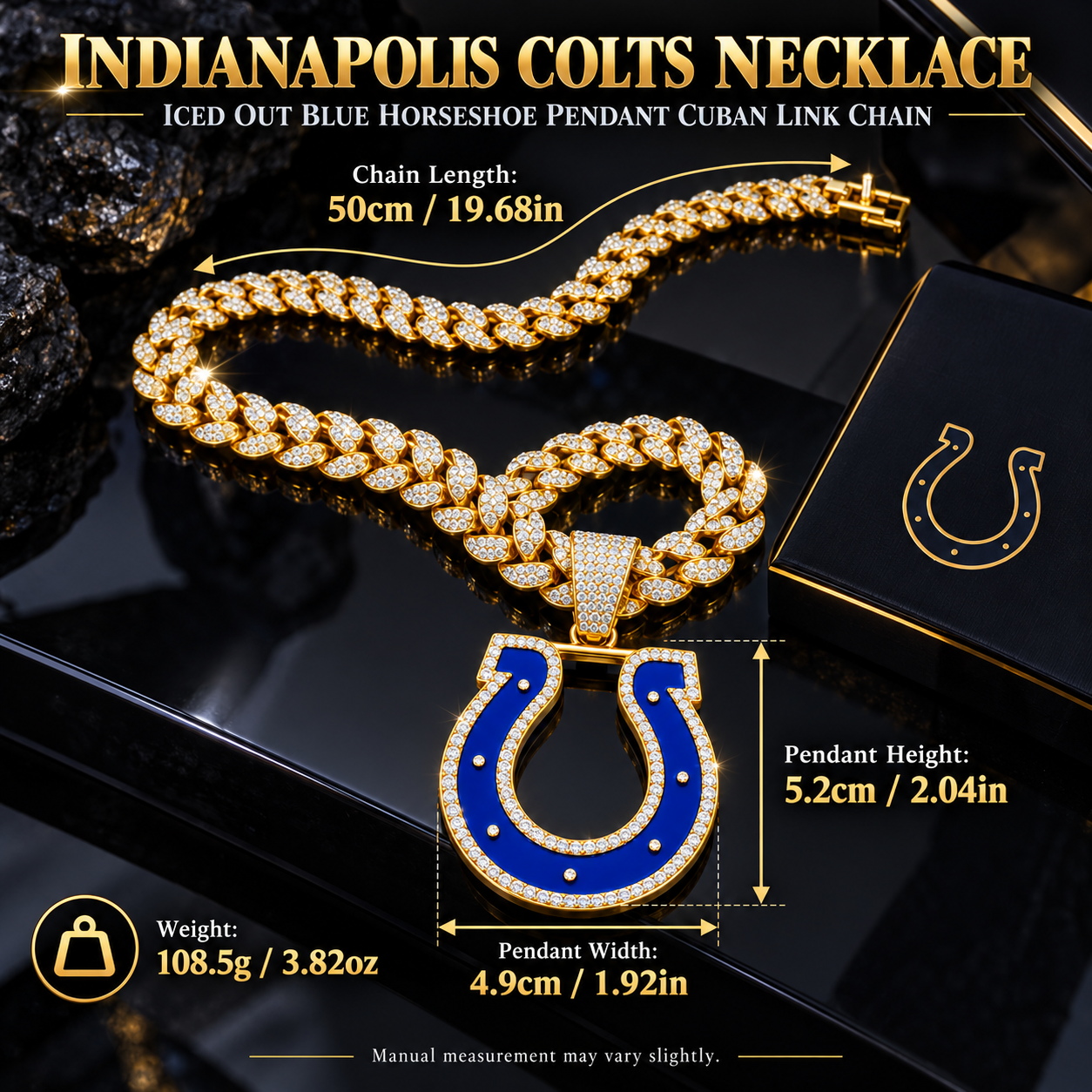 Indianapolis Colts Necklace, Gold Iced Cuban Link Chain with Rhinestone Horseshoe Pendant, Football Fan Jewelry