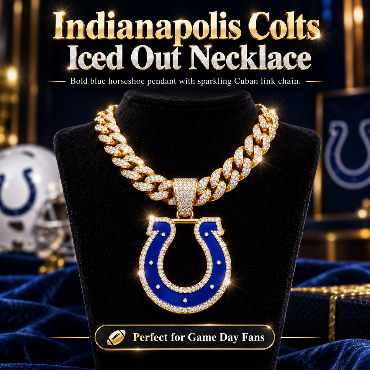 Indianapolis Colts Necklace, Gold Iced Cuban Link Chain with Rhinestone Horseshoe Pendant, Football Fan Jewelry