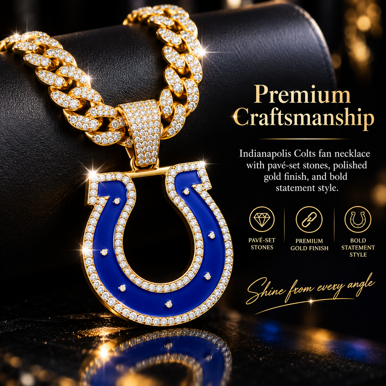 Indianapolis Colts Necklace, Gold Iced Cuban Link Chain with Rhinestone Horseshoe Pendant, Football Fan Jewelry