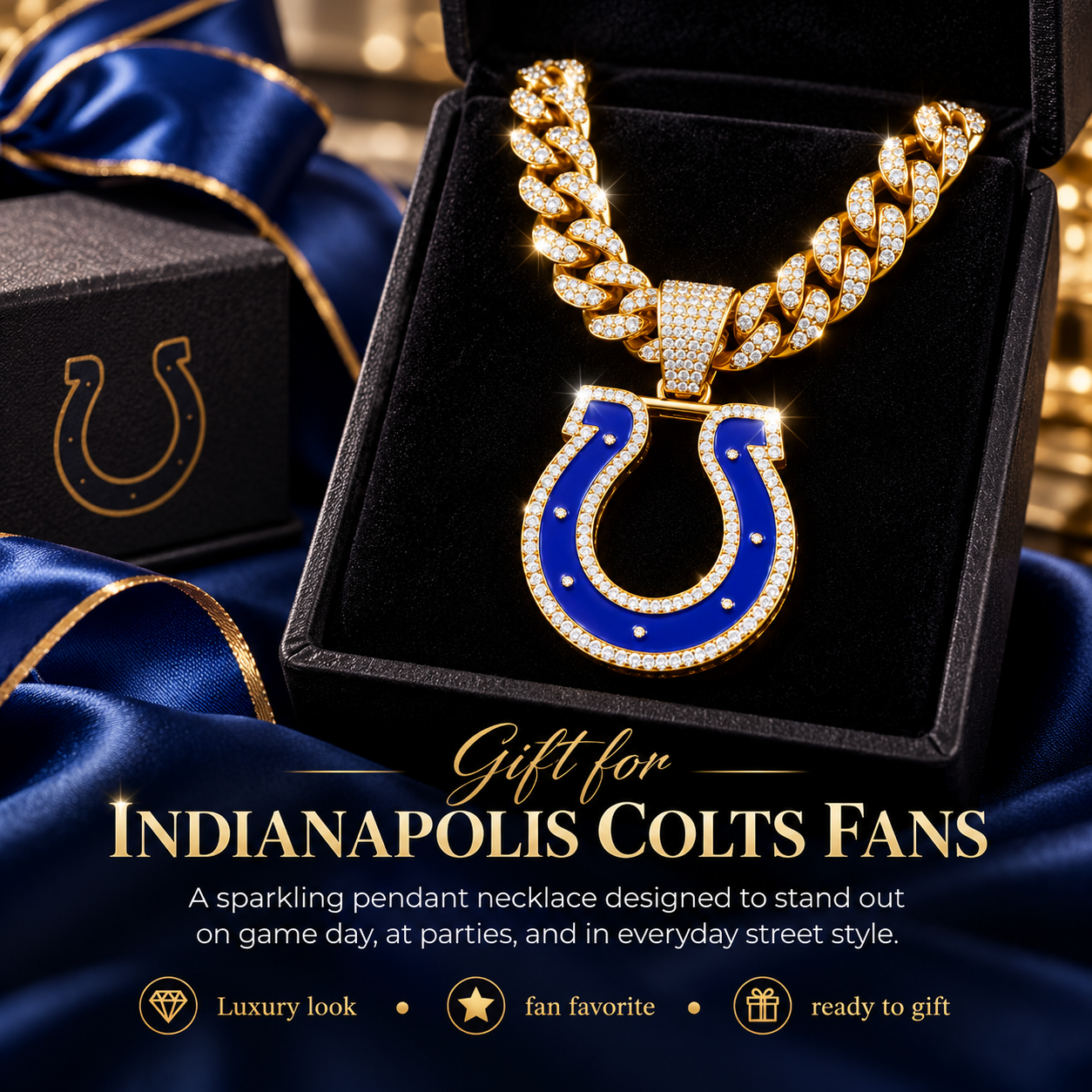 Indianapolis Colts Necklace, Gold Iced Cuban Link Chain with Rhinestone Horseshoe Pendant, Football Fan Jewelry