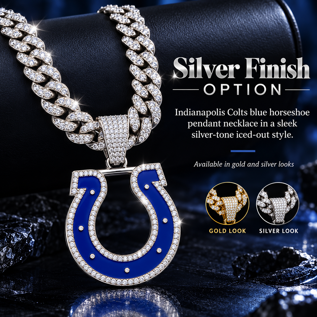 Indianapolis Colts Necklace, Gold Iced Cuban Link Chain with Rhinestone Horseshoe Pendant, Football Fan Jewelry