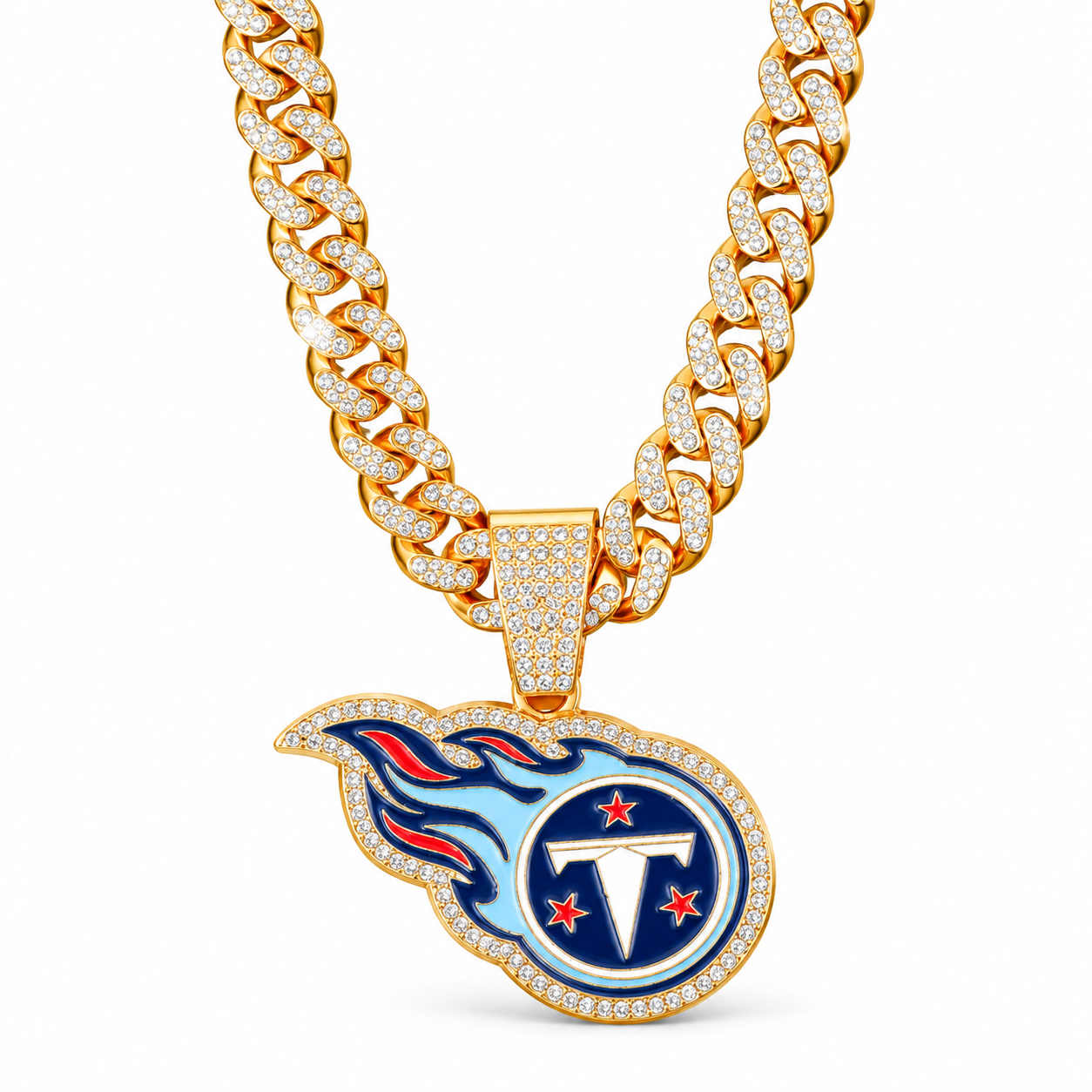 Tennessee Titans Necklace, Gold Iced Cuban Link Chain with Rhinestone Titans Logo Pendant, Football Fan Jewelry