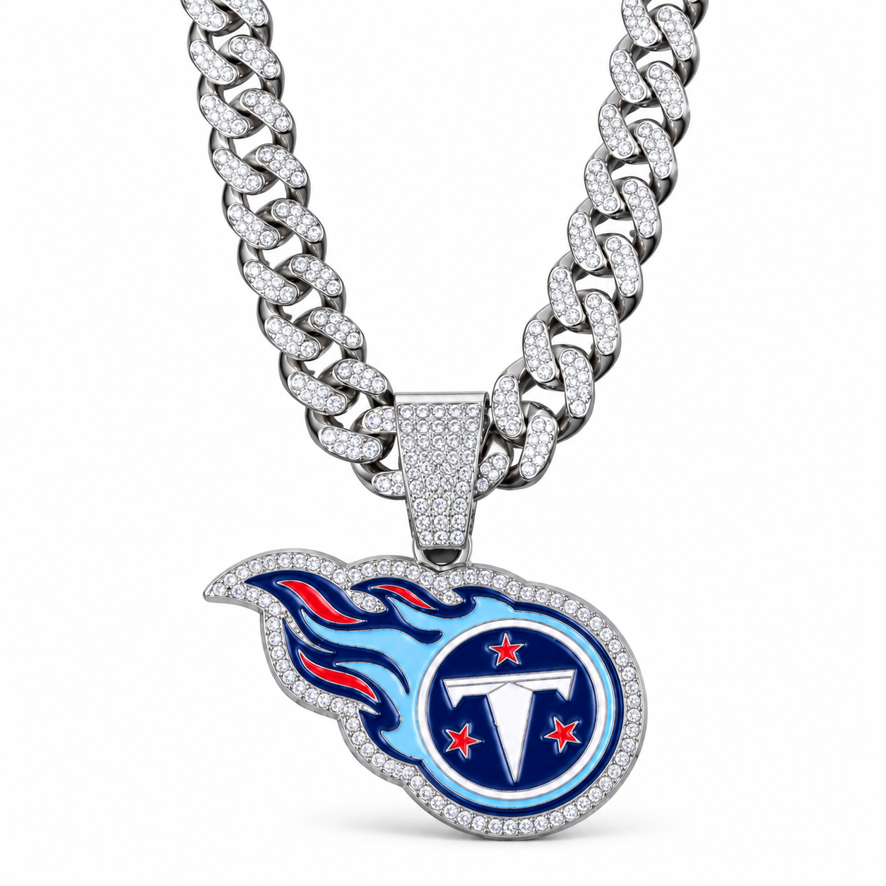 Tennessee Titans Necklace, Gold Iced Cuban Link Chain with Rhinestone Titans Logo Pendant, Football Fan Jewelry