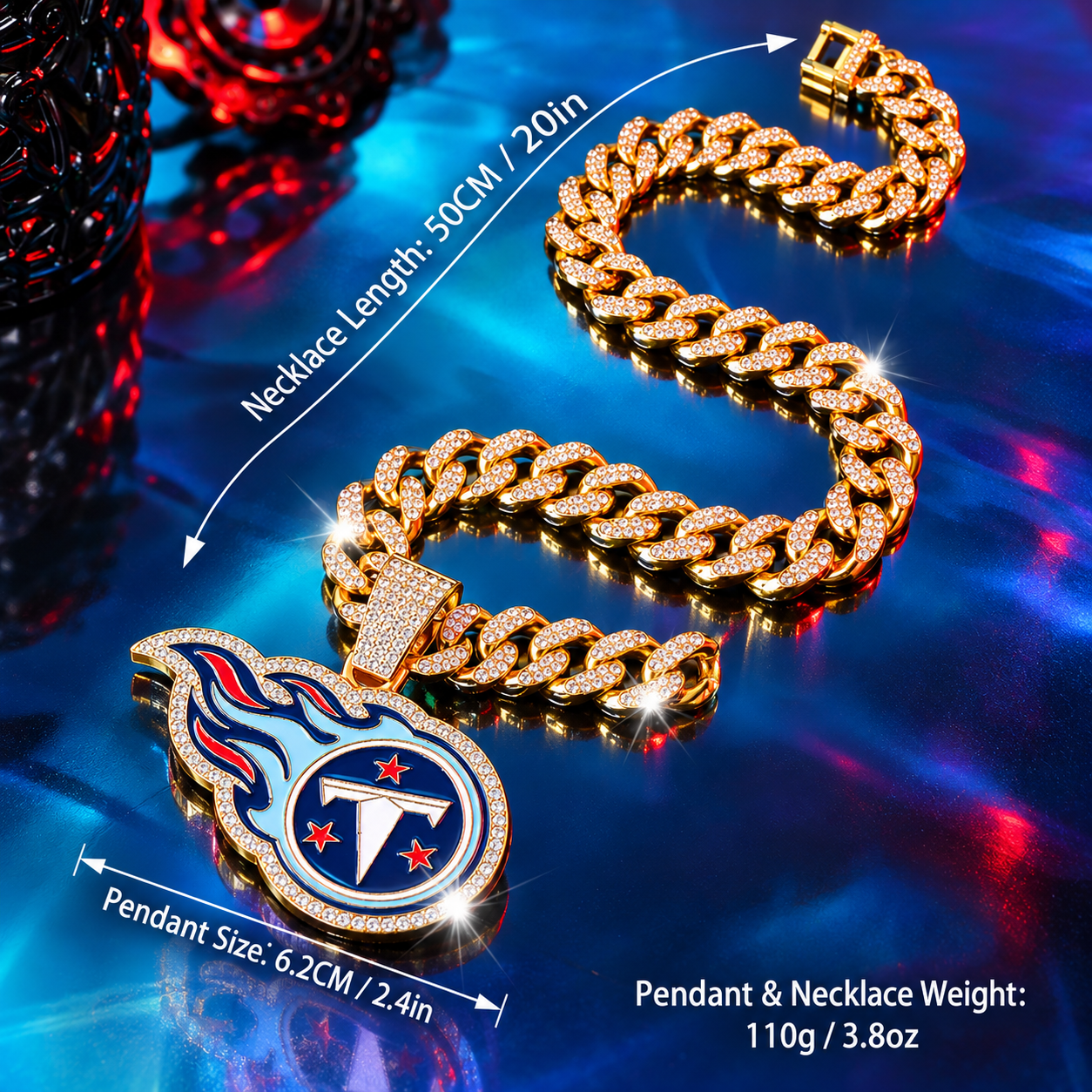 Tennessee Titans Necklace, Gold Iced Cuban Link Chain with Rhinestone Titans Logo Pendant, Football Fan Jewelry