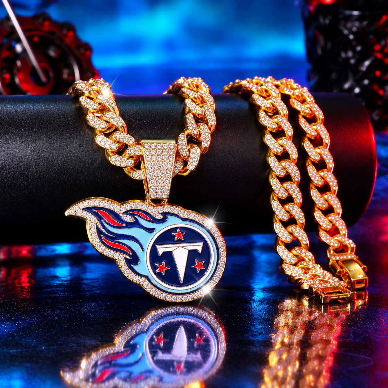Tennessee Titans Necklace, Gold Iced Cuban Link Chain with Rhinestone Titans Logo Pendant, Football Fan Jewelry