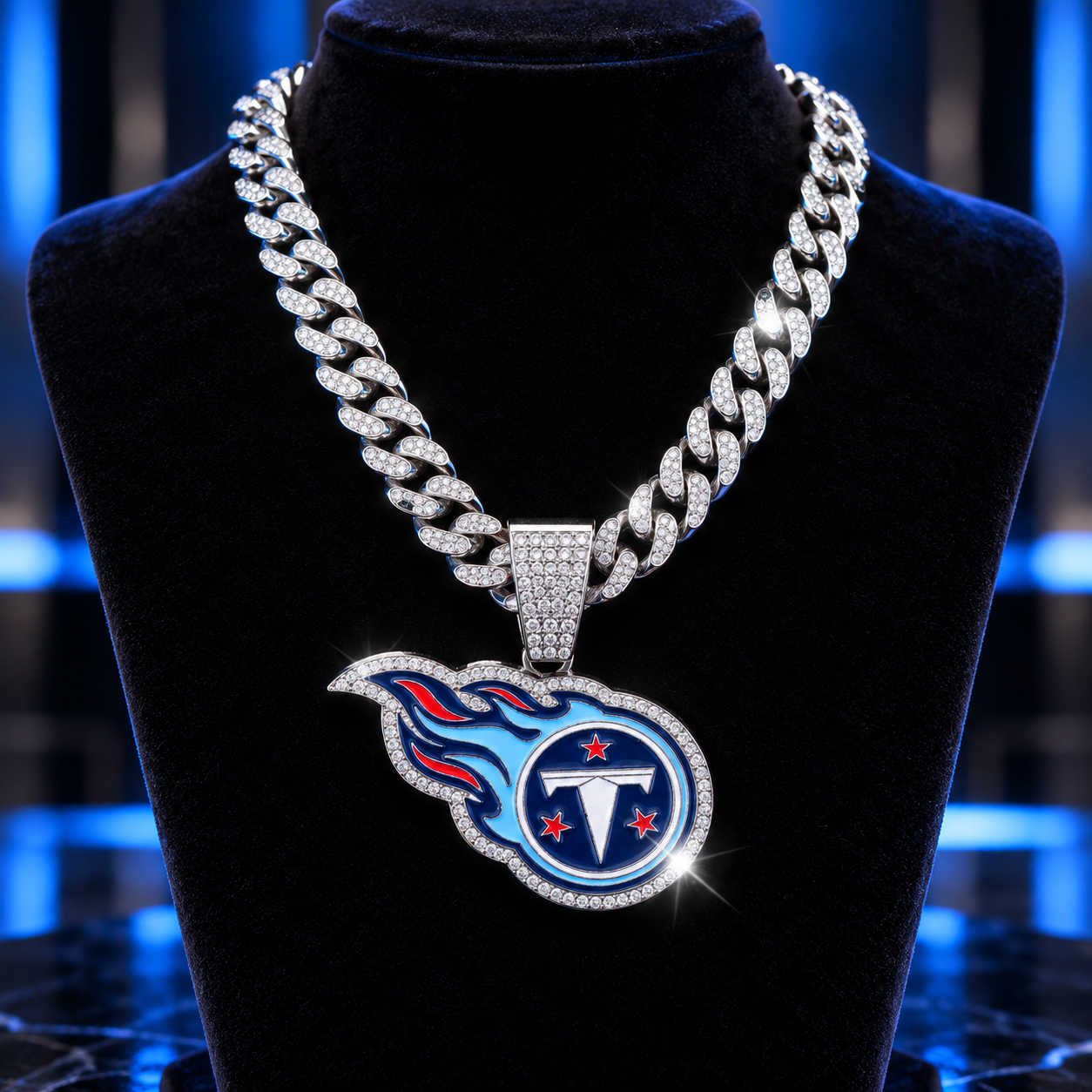 Tennessee Titans Necklace, Gold Iced Cuban Link Chain with Rhinestone Titans Logo Pendant, Football Fan Jewelry