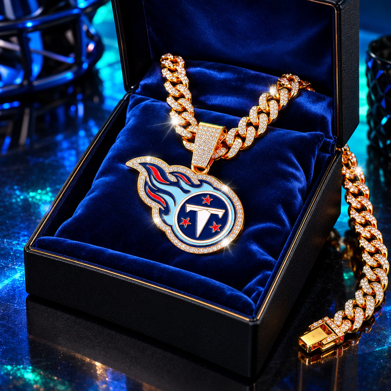 Tennessee Titans Necklace, Gold Iced Cuban Link Chain with Rhinestone Titans Logo Pendant, Football Fan Jewelry
