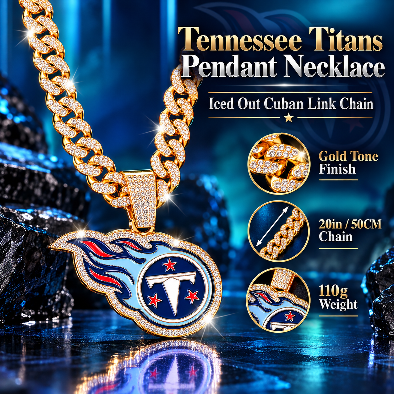 Tennessee Titans Necklace, Gold Iced Cuban Link Chain with Rhinestone Titans Logo Pendant, Football Fan Jewelry