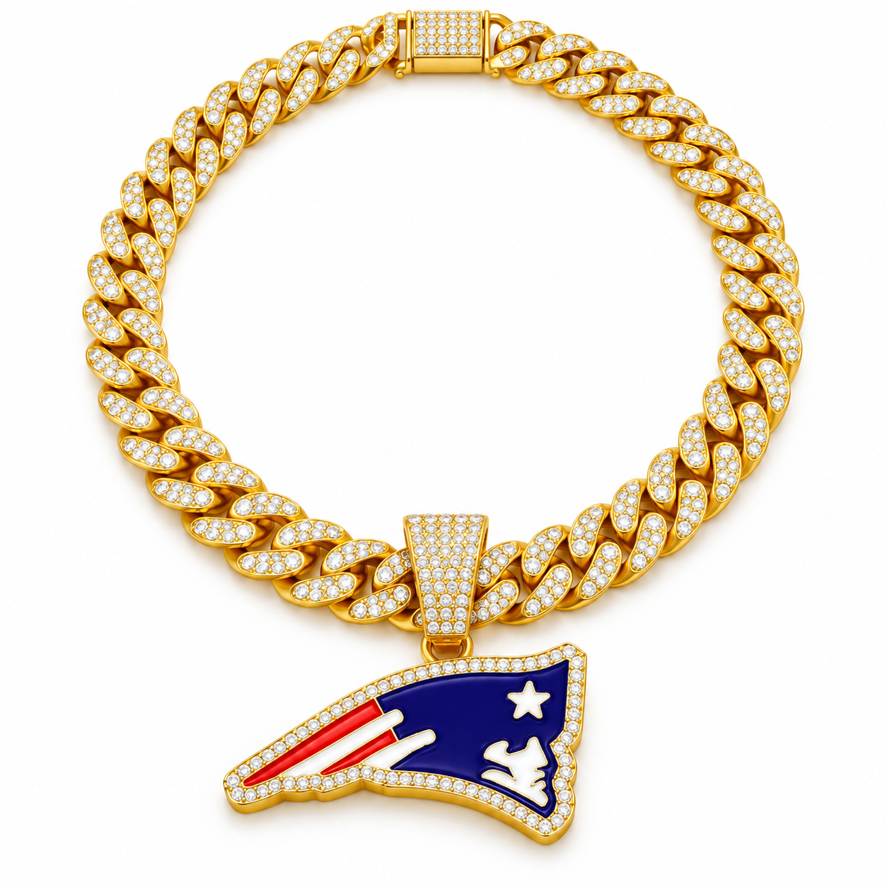 New England Patriots Necklace, Gold Iced Cuban Link Chain with Rhinestone Patriots Logo Pendant, Football Fan Jewelry