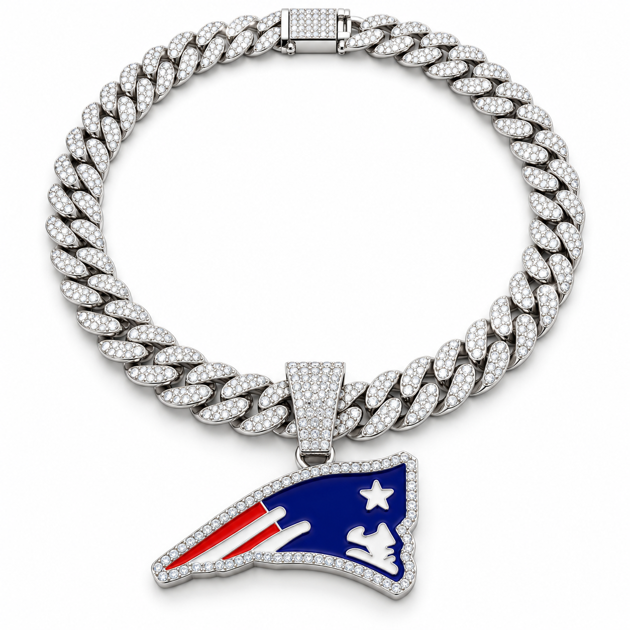 New England Patriots Necklace, Gold Iced Cuban Link Chain with Rhinestone Patriots Logo Pendant, Football Fan Jewelry