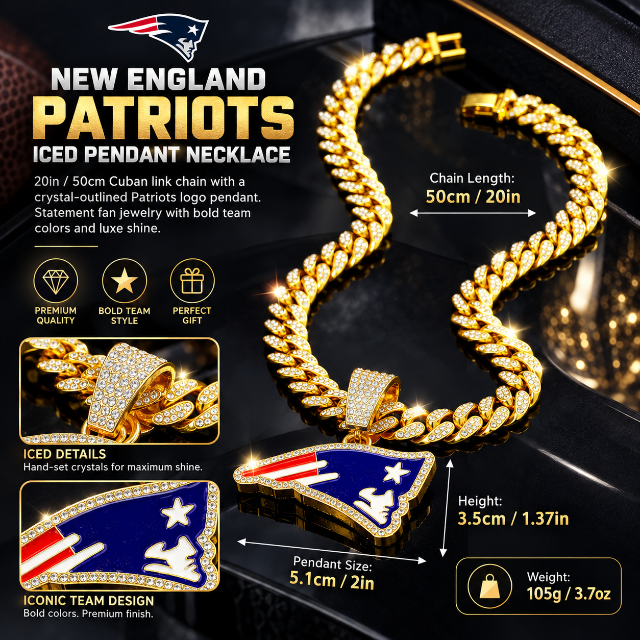 New England Patriots Necklace, Gold Iced Cuban Link Chain with Rhinestone Patriots Logo Pendant, Football Fan Jewelry