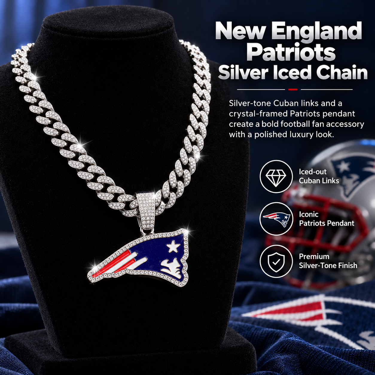 New England Patriots Necklace, Gold Iced Cuban Link Chain with Rhinestone Patriots Logo Pendant, Football Fan Jewelry