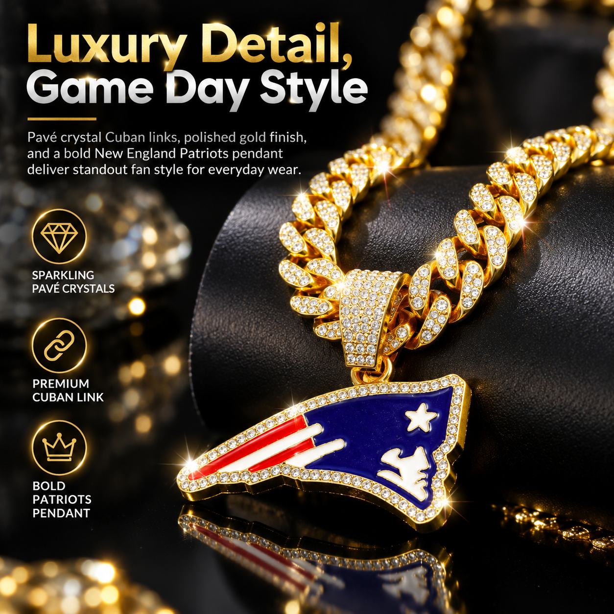 New England Patriots Necklace, Gold Iced Cuban Link Chain with Rhinestone Patriots Logo Pendant, Football Fan Jewelry
