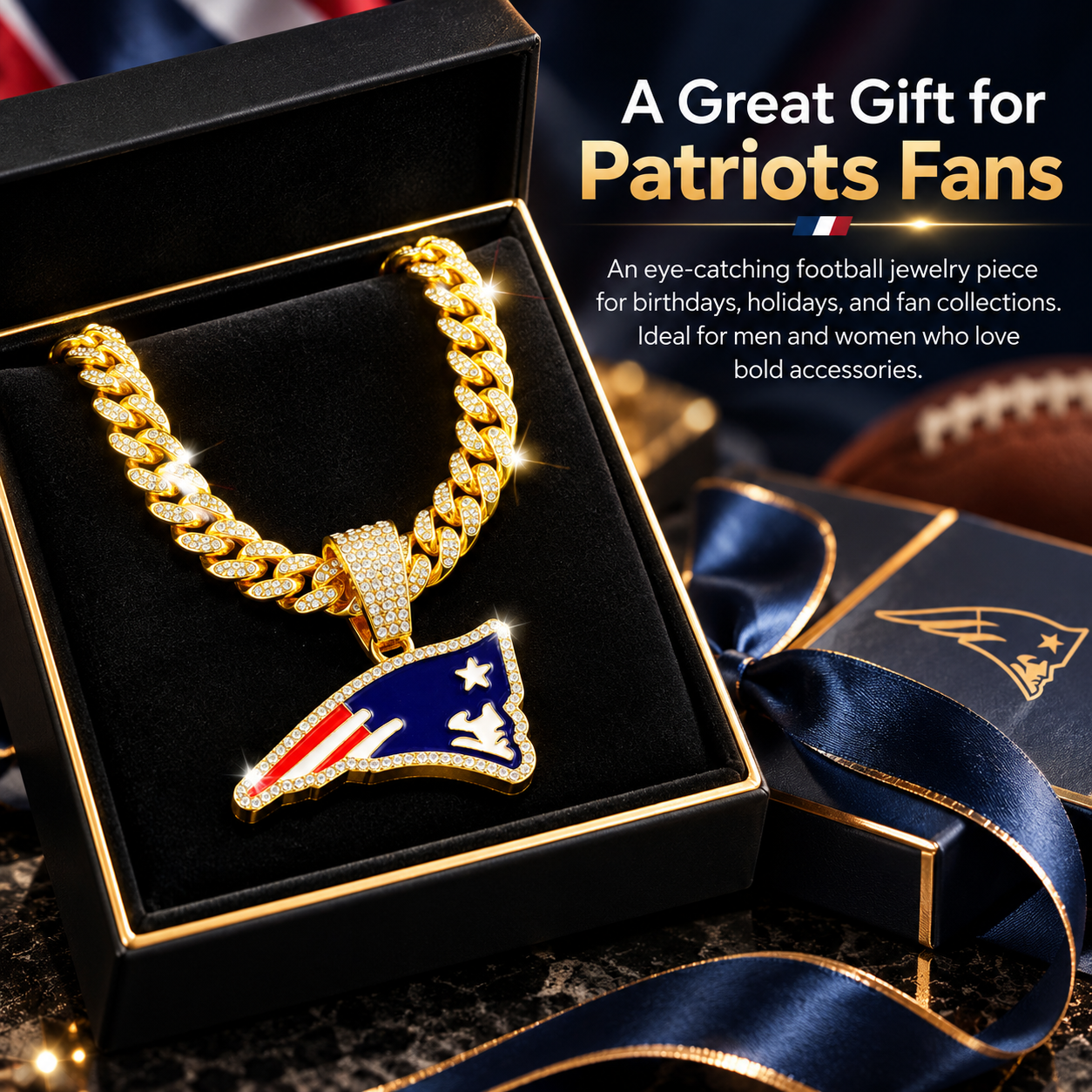New England Patriots Necklace, Gold Iced Cuban Link Chain with Rhinestone Patriots Logo Pendant, Football Fan Jewelry