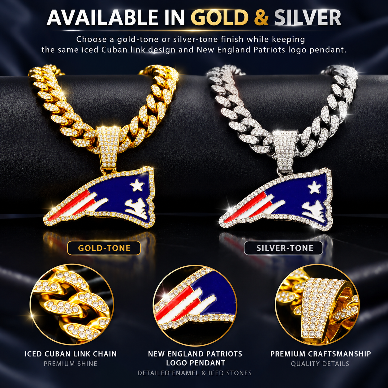 New England Patriots Necklace, Gold Iced Cuban Link Chain with Rhinestone Patriots Logo Pendant, Football Fan Jewelry