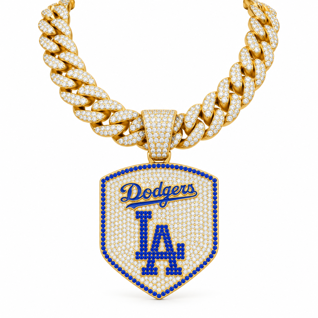 Los Angeles Dodgers Necklace, Gold Iced Cuban Link Chain with Rhinestone LA Logo Shield Pendant, Baseball Fan Jewelry