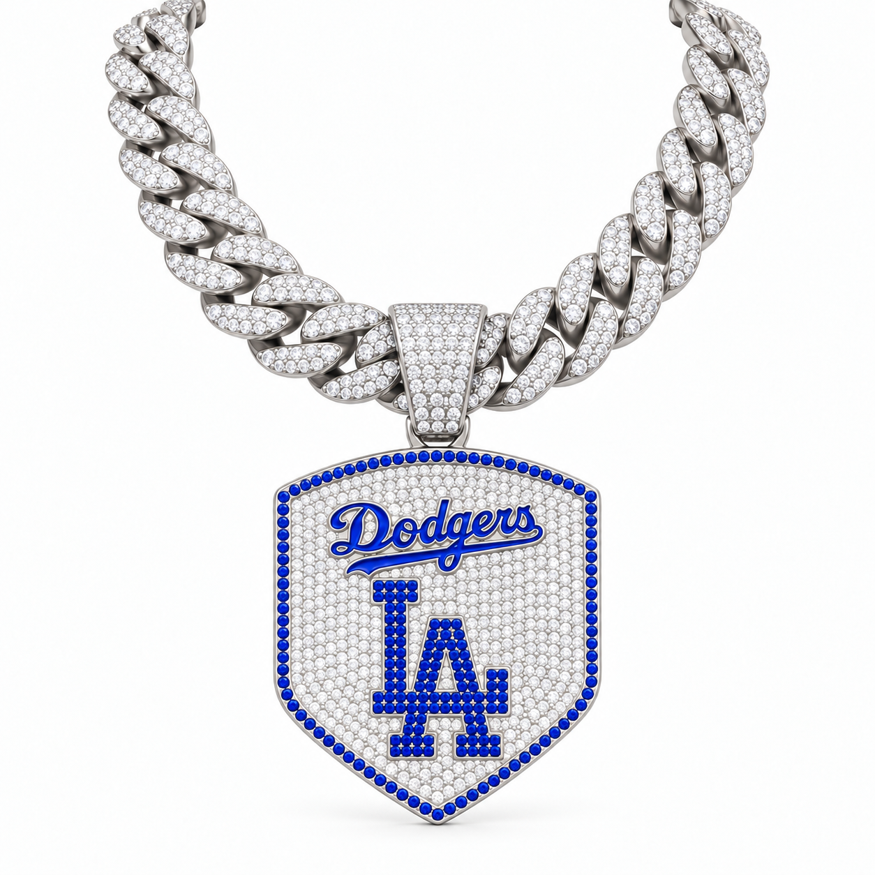 Los Angeles Dodgers Necklace, Gold Iced Cuban Link Chain with Rhinestone LA Logo Shield Pendant, Baseball Fan Jewelry