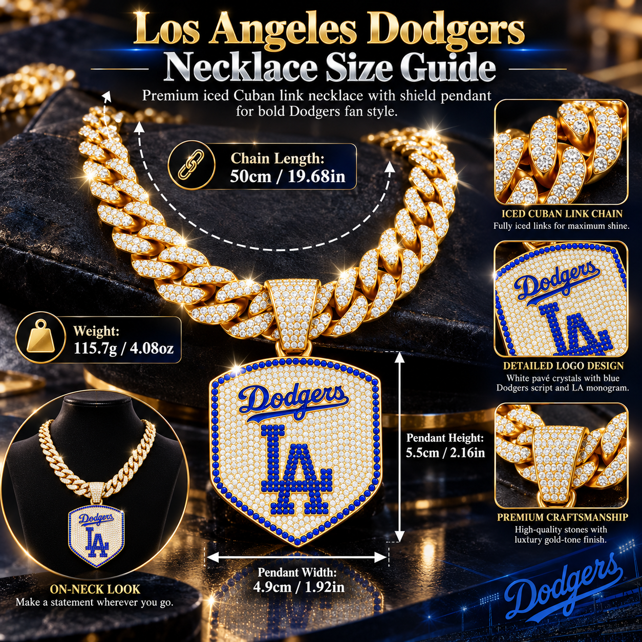 Los Angeles Dodgers Necklace, Gold Iced Cuban Link Chain with Rhinestone LA Logo Shield Pendant, Baseball Fan Jewelry