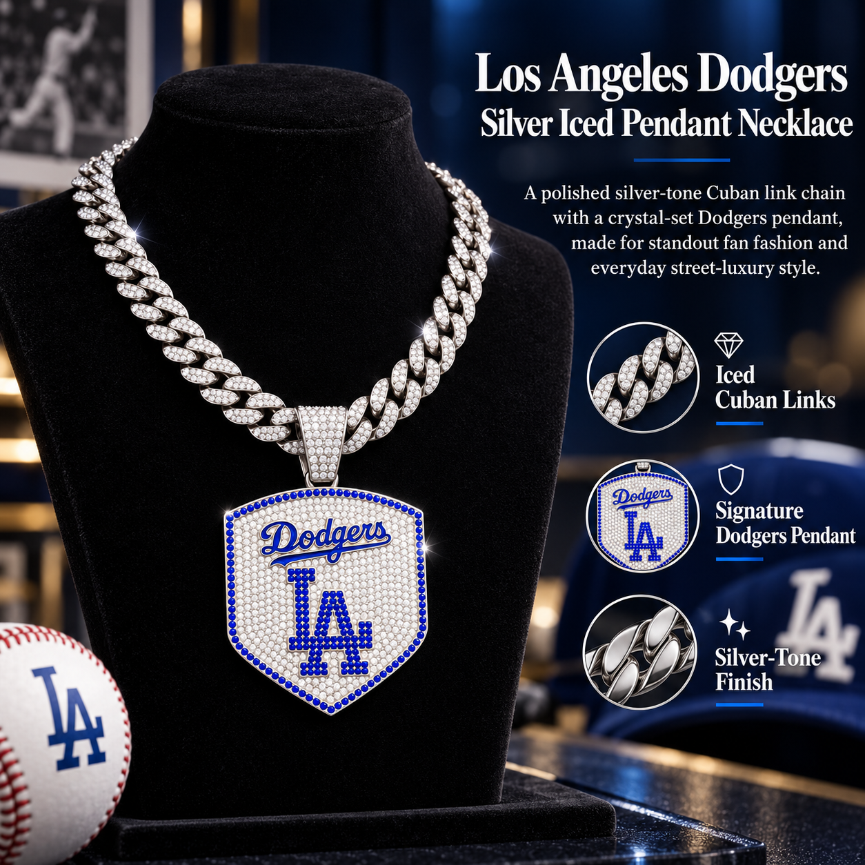 Los Angeles Dodgers Necklace, Gold Iced Cuban Link Chain with Rhinestone LA Logo Shield Pendant, Baseball Fan Jewelry