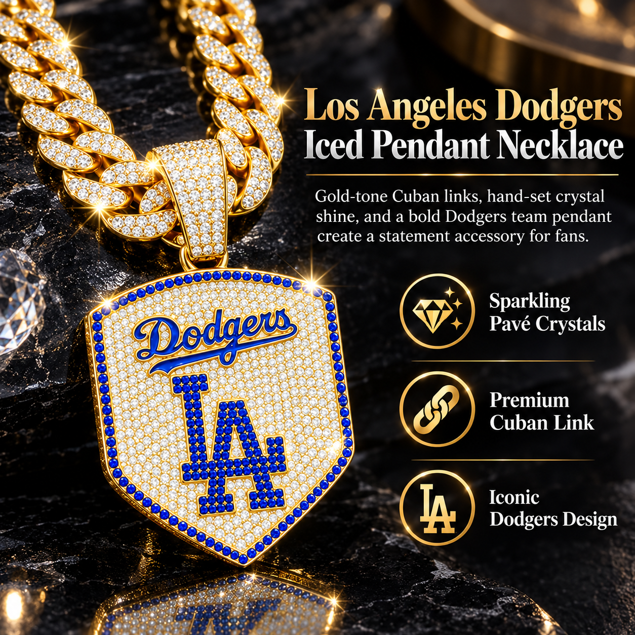 Los Angeles Dodgers Necklace, Gold Iced Cuban Link Chain with Rhinestone LA Logo Shield Pendant, Baseball Fan Jewelry