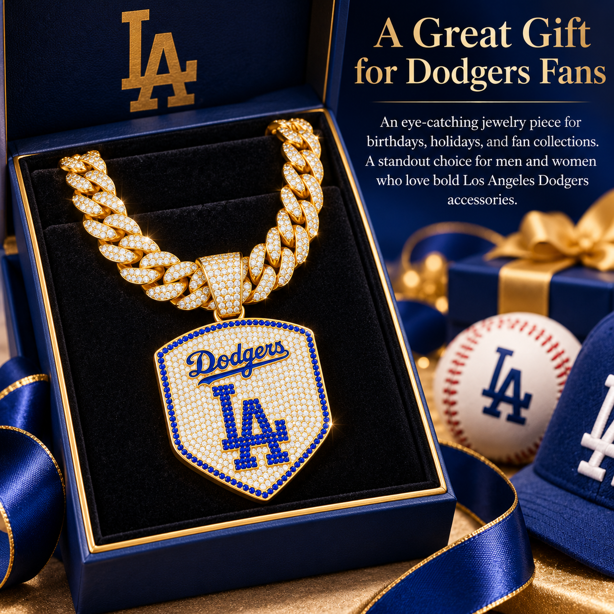 Los Angeles Dodgers Necklace, Gold Iced Cuban Link Chain with Rhinestone LA Logo Shield Pendant, Baseball Fan Jewelry