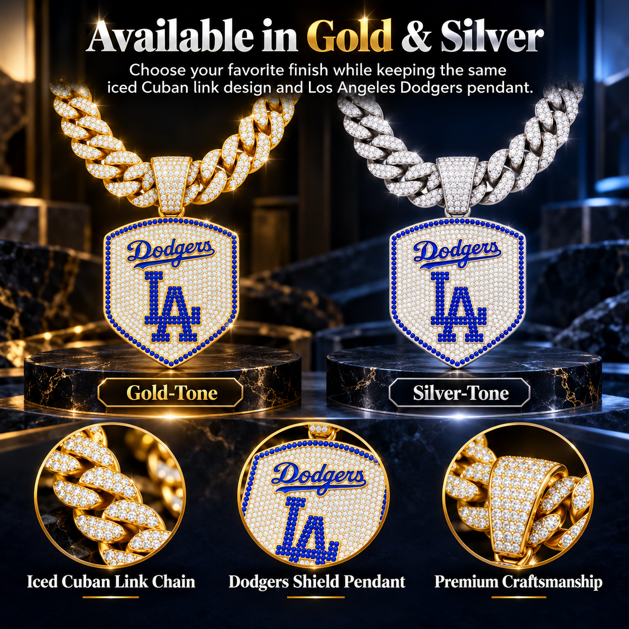 Los Angeles Dodgers Necklace, Gold Iced Cuban Link Chain with Rhinestone LA Logo Shield Pendant, Baseball Fan Jewelry