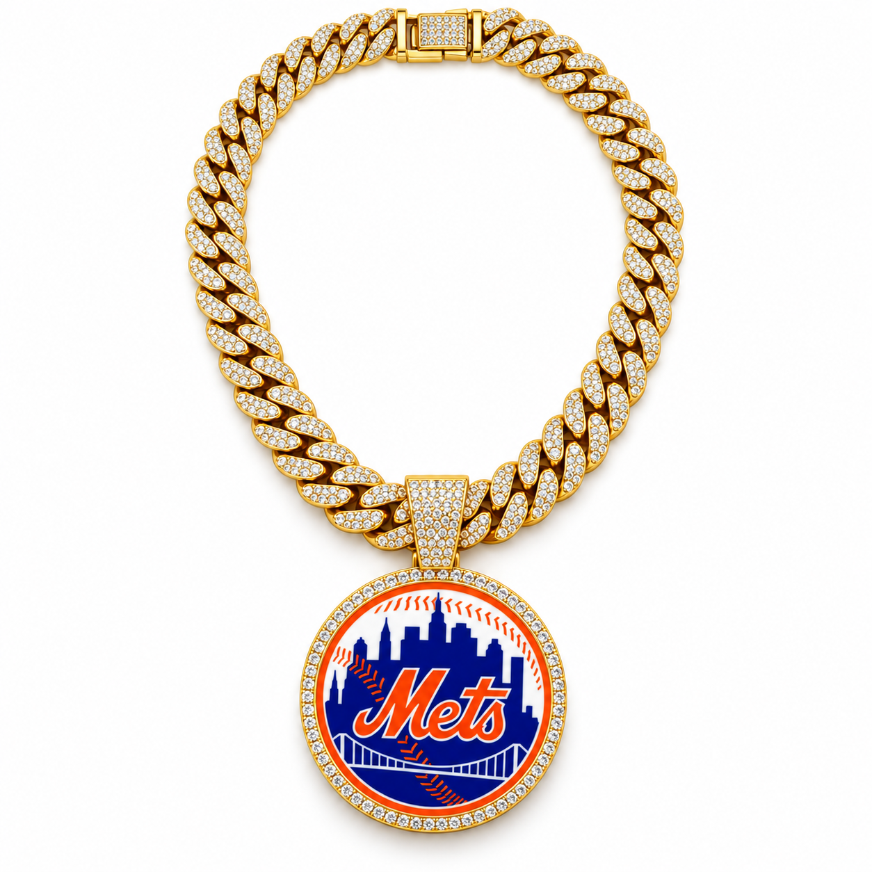 New York Mets Necklace, Gold Iced Cuban Link Chain with Rhinestone Baseball Pendant, NY Mets Fan Jewelry