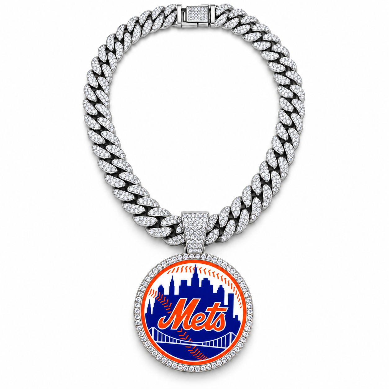 New York Mets Necklace, Gold Iced Cuban Link Chain with Rhinestone Baseball Pendant, NY Mets Fan Jewelry